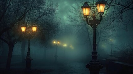 foggy night park pathway illuminated by glowing vintage street lamps with bare tree branches creating an eerie and mysterious atmosphere