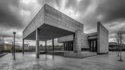 Modern architectural marvels urban environment concrete structures minimalist design overcast skies geometric shapes