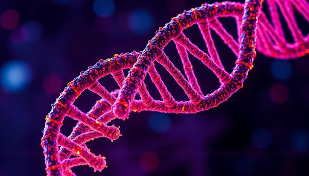 Microscopic view of DNA helix with AI interface overlay, global health, biotechnology