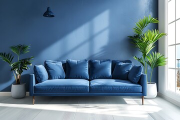 Loft and vintage interior of living room, Blue sofa on white flooring and blue wall ,3d rendering