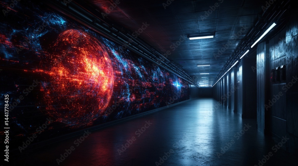 Poster Digital wall separating nations a futuristic corridor displaying divisions virtual space artistic environment