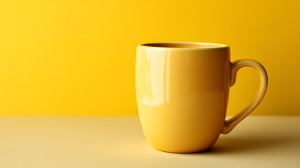Yellow ceramic cup on yellow background. Yellow mug empty blank for coffee or tea. Space for text