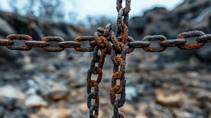 Macro photography of abandoned landscapes rusty chains symbolizing resilience and gloom
