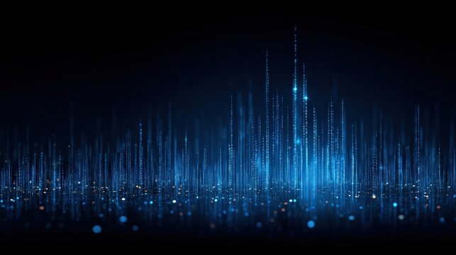 Abstract visualization of blue digital sound waves and data points on a dark background.