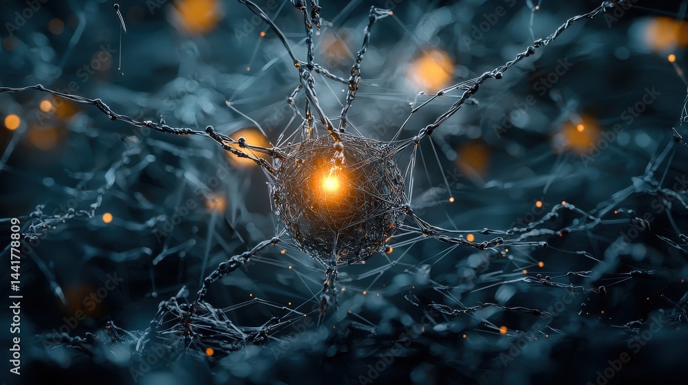 Poster Neural network dynamics in a digital realm abstract concept science visualization dark environment close-up view
