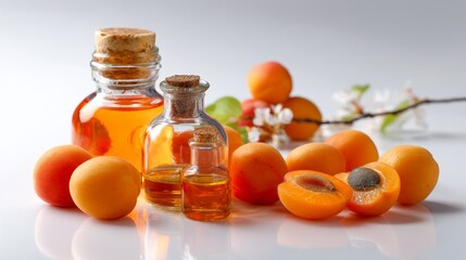 Bottles of essential oil and ripe apricots isolated on white background