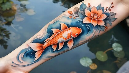 Watercolor Koi Tattoo for Arm
Realistic watercolor-style koi tattoo featuring blue and orange hues, flowing water, and subtle floral elements. Great for modern tattoo inspiration