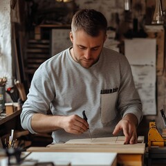 A wood craftsman makes a product for a private order, a professional employee makes measurements for working with a wooden product 
