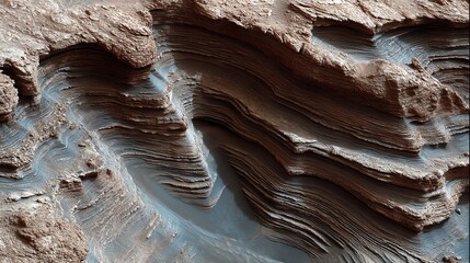 Layered sedimentary rocks in a Martian canyon with water ripple patterns, revealing ancient habitable planet evidence