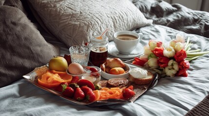 Top view of breakfast in bed