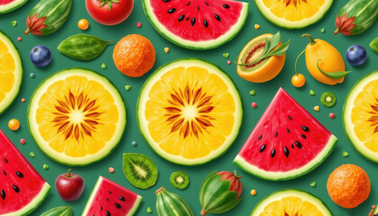 Juicy and delicious fruit pattern with watermelon, cantaloupe, and honeydew.