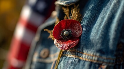 A red poppy on denim honors Memorial Day, with a flag softly behind, bathed in golden light. Remembrance and patriotism in a simple symbol.