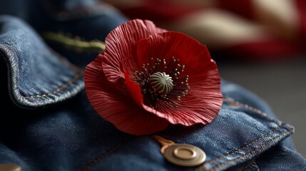 A red poppy on denim honors Memorial Day, with a flag softly behind, bathed in golden light. Remembrance and patriotism in a simple symbol.