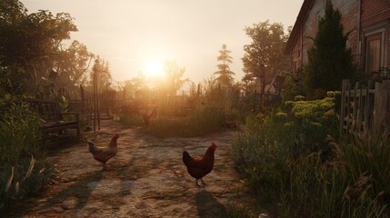 hens in the yard at the sunset