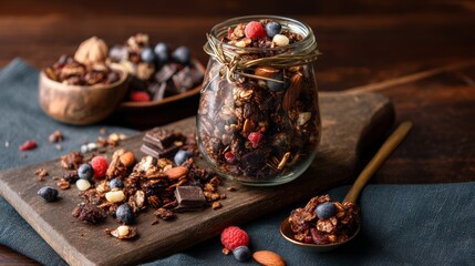 Flakes, chocolate balls and dried fruit for a hearty breakfast. Granola with chocolate flakes