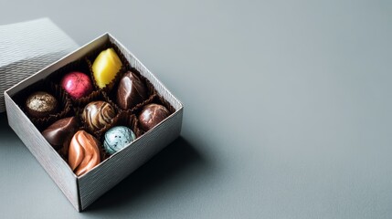 Box with chocolate candies on grey background