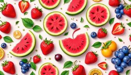 Modern and stylish summer fruit pattern with melons, strawberries, and grapes.