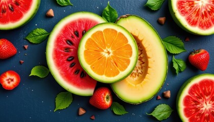 Fresh and juicy fruit design with watermelon, cantaloupe, and honeydew melon.