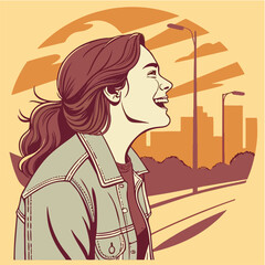 Smiling Woman Looking Up in Retro Urban Sunset – Vector Illustration for Inspirational and Editorial Use © Md HALIM