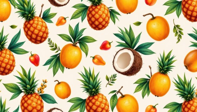 Tropical vibes with pineapples, coconuts, and mangos repeating in a pattern.