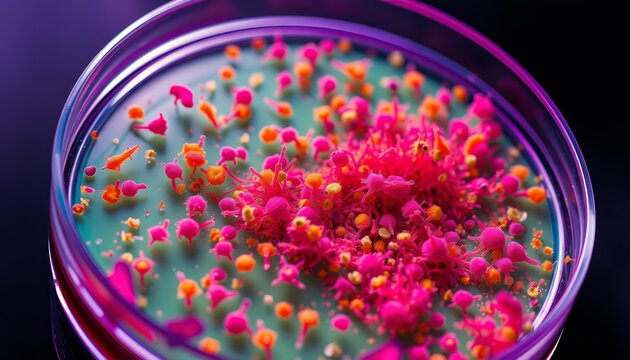Microscopic view of vibrant microorganisms thriving in a petri dish, microscopy, cells