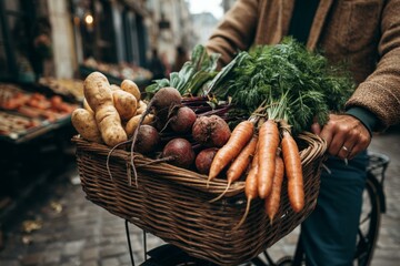 Person carrying fresh, organic vegetables in a wicker basket on a bicycle