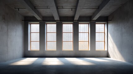 Minimalist concrete wall with large windows, sunlight filtering through, embodying clean modern office design.