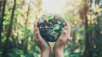 Hands protecting globe of green tree on tropical nature summer background, Ecology and Environment concept