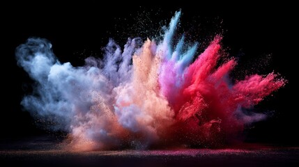 Fototapeta premium Beautiful detailed powder explosion with gorgeous colorful particles on black background. Use for cosmetics, pigment, makeup, cover, creative, design, advertisement, demo, background.
