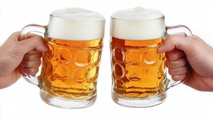 Cheers with two pints of beer against a white background  