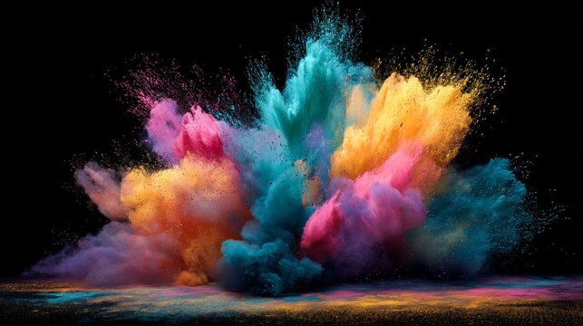 Beautiful detailed powder explosion with gorgeous colorful particles on black background. Use for cosmetics, pigment, makeup, cover, creative, design, advertisement, demo, background.