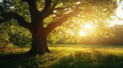 old oak tree foliage in morning light with sunlight