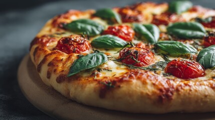 Tasty pizza with basil and tomatoes on beige background