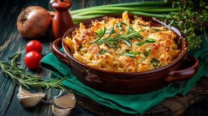 Baking dish with tasty pasta, rosemary and cut green onion on beige grunge background