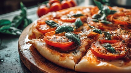 Tasty pizza with basil and tomatoes on beige background