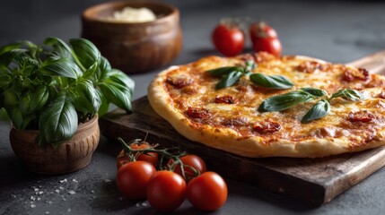 Tasty pizza with basil and tomatoes on beige background