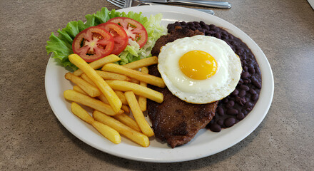 Prato Feito brasileiro com bife, ovo frito, batata frita, feijão preto, alface e tomate, servido em prato branco sobre mesa, típico de restaurantes populares.

