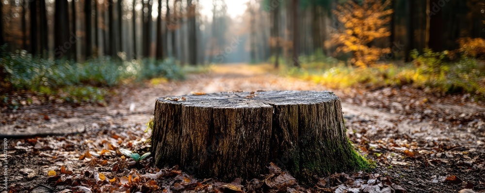 Poster tree stump symbolizing habitat loss due to illegal logging concept. a tree stump surrounded by color