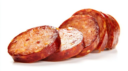 Slices of tasty smoked sausage isolated on white
