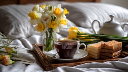 Romantic breakfast to bed - hot herbal tea, cup of delicious coffee and fresh narcissus flowers from garden