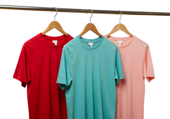 Three t shirts hanging on a metal rack with wooden hangers in a studio setting on a black background on transparent background