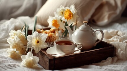 Romantic breakfast to bed - hot herbal tea, cup of delicious coffee and fresh narcissus flowers from garden