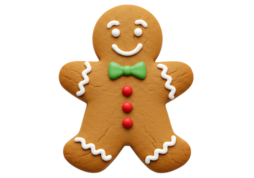 Isolated gingerbread man cookie with green bow tie and red buttons on a black background on transparent background