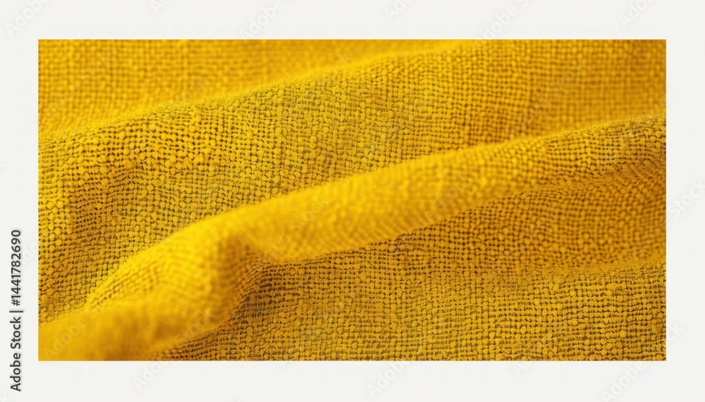 Poster close-up of textured yellow fabric with visible weave and folds creating soft shadows and depth