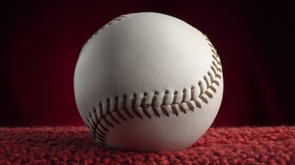 A new baseball on a red rubber surface with detailed stitching, showcasing precision and craftsmanship.