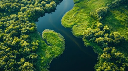 Ecology and environment concept. Green nature from above. Aerial view on river landscape. Healthy nature