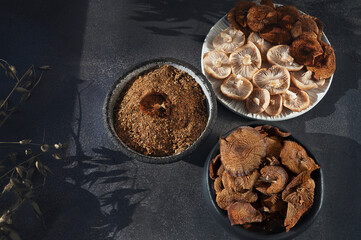 dried opiate mushrooms. Assorted fresh mushrooms, dried caps and mushroom powder made from dried...