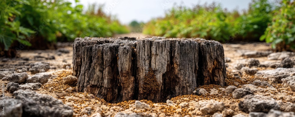 Poster tree stump symbolizing habitat loss due to illegal logging concept. a weathered stump in a dry lands