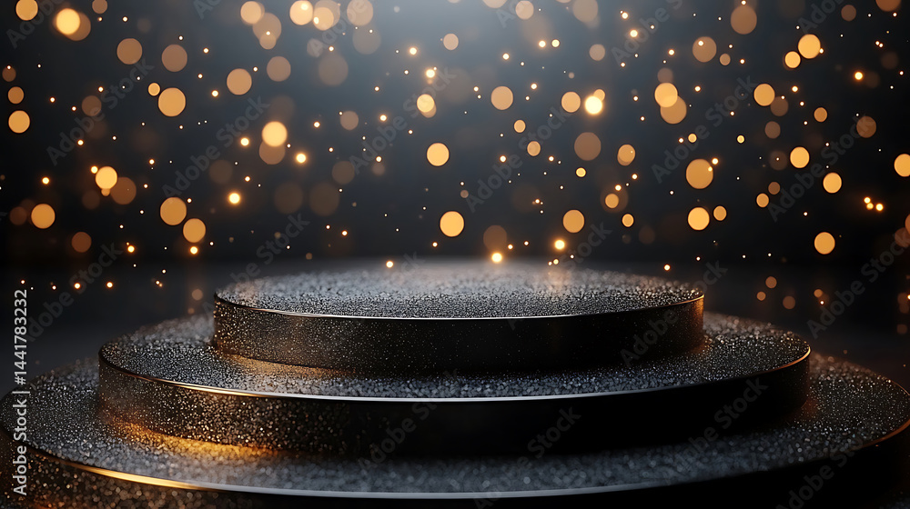 Poster elegant three tiered black podium with golden bokeh lights for luxury product showcase and abstract 