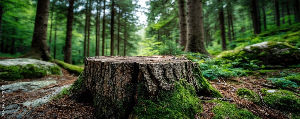 Poster tree stump symbolizing habitat loss due to illegal logging concept. a serene forest scene showcasing